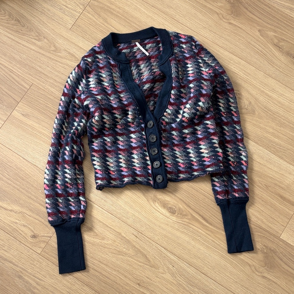 Free People Navy and Red Patterned Cardigan